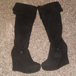 Black Knee High Velvet Wedge Boots